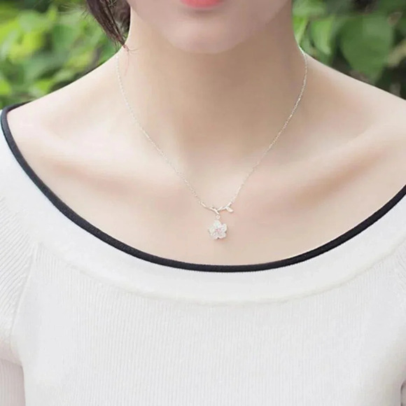 925 Sterling Silver Cherry Blossom Branch Necklace - Picture 4 of 4